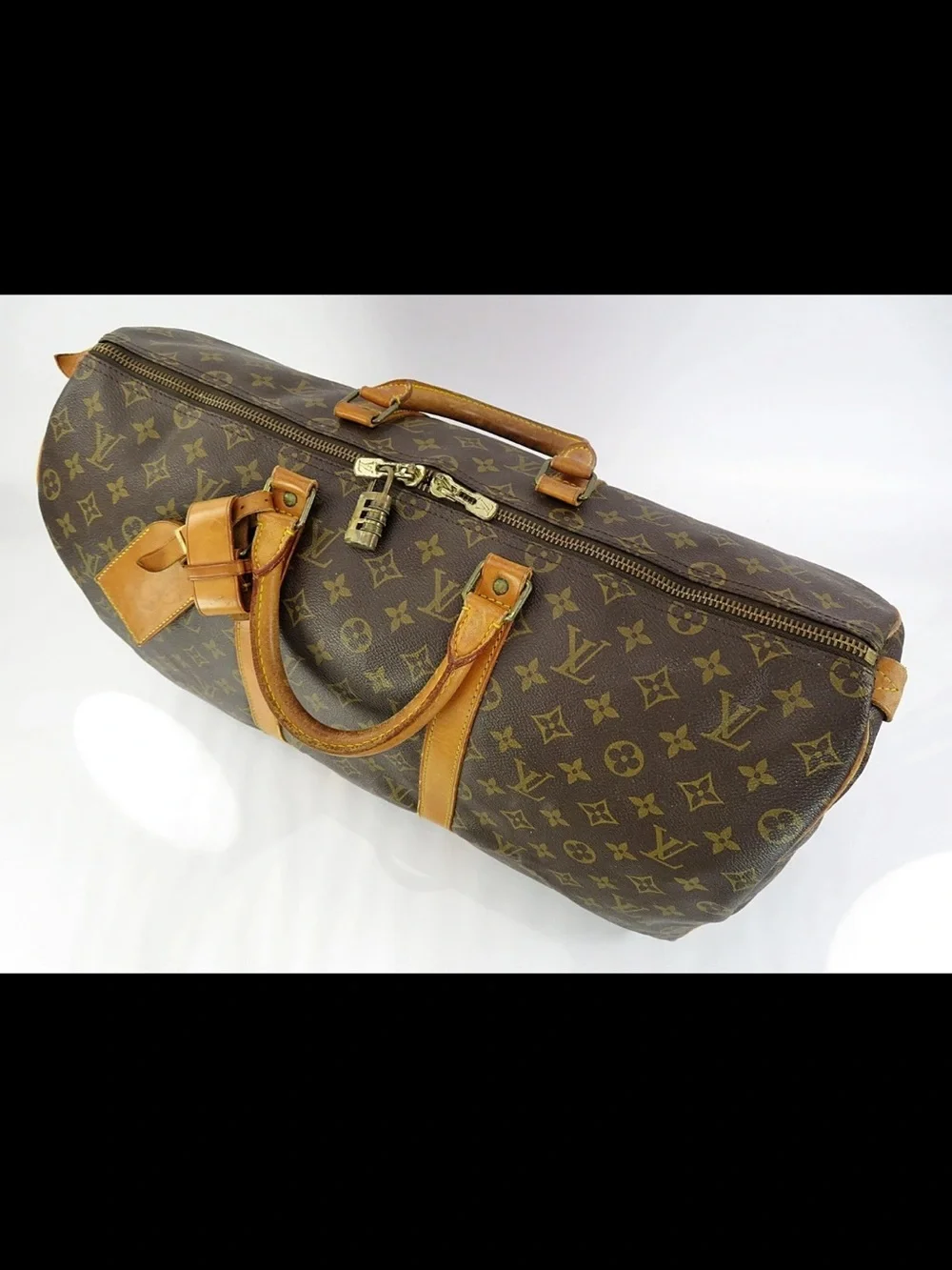 Louis Vuitton Brown Monogram Keepall Duffel with Tan Leather Trim